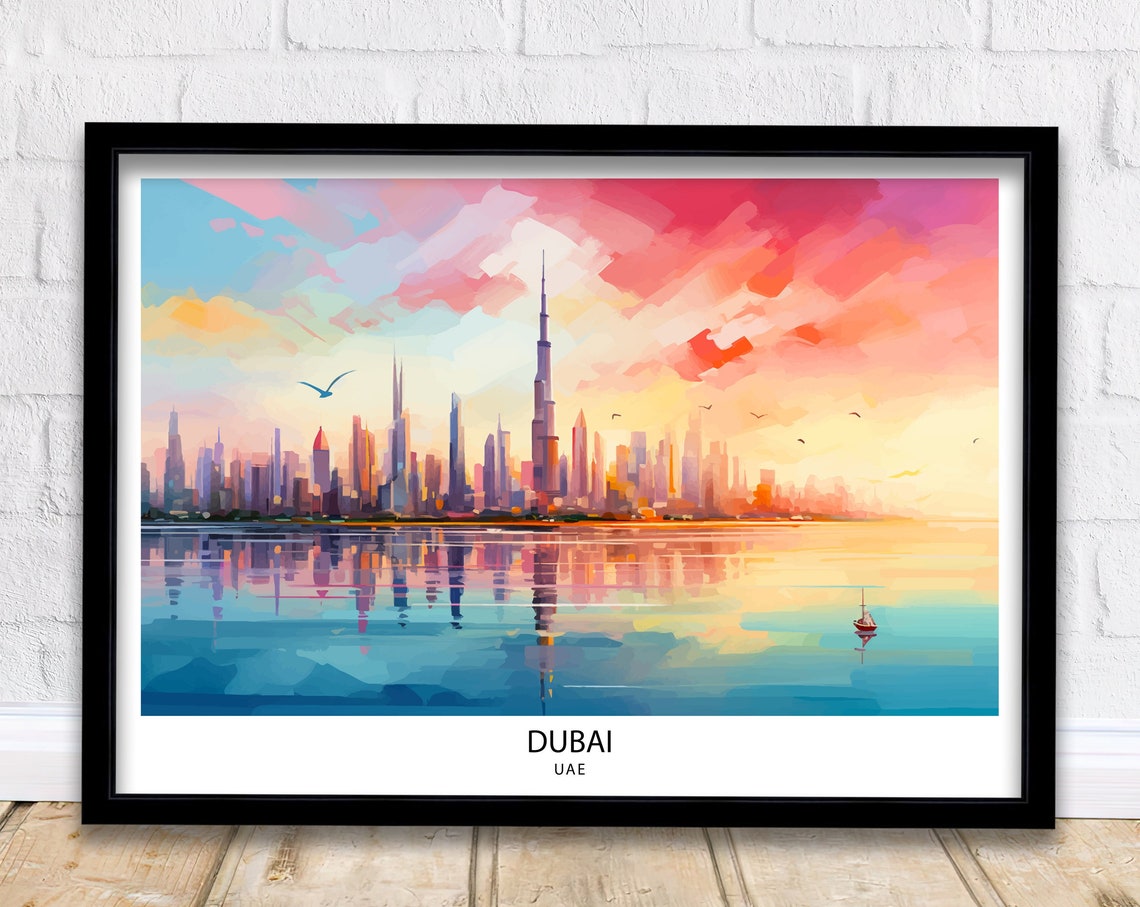 Dubai UAE Skyline Sunset Watercolor Reflections Travel Poster