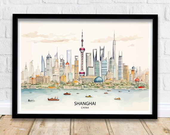 Shanghai China Watercolor Skyline River Bund Boats Cityscape Poster