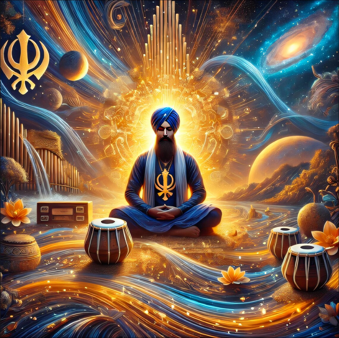 Meditating Sikh with Tabla Drums among Golden Waves and Planets Poster