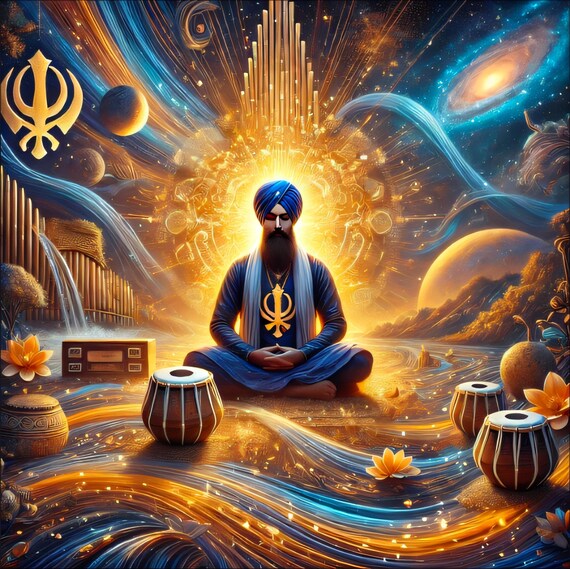 Meditating Sikh with Tabla Drums among Golden Waves and Planets Poster