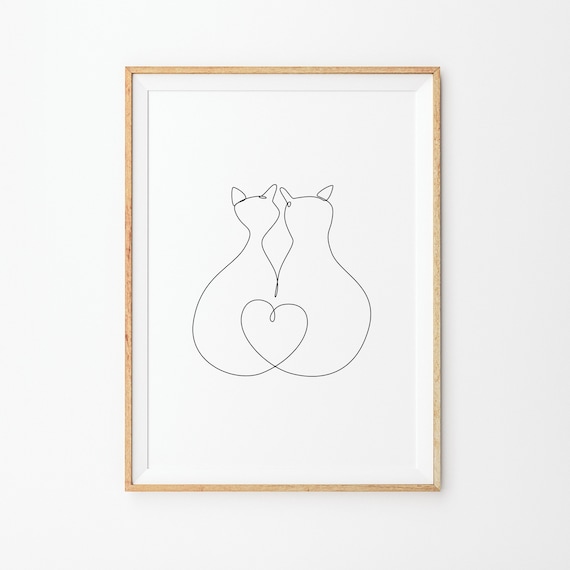 Two Cats Single Continuous Line Drawing Heart Minimalist Poster