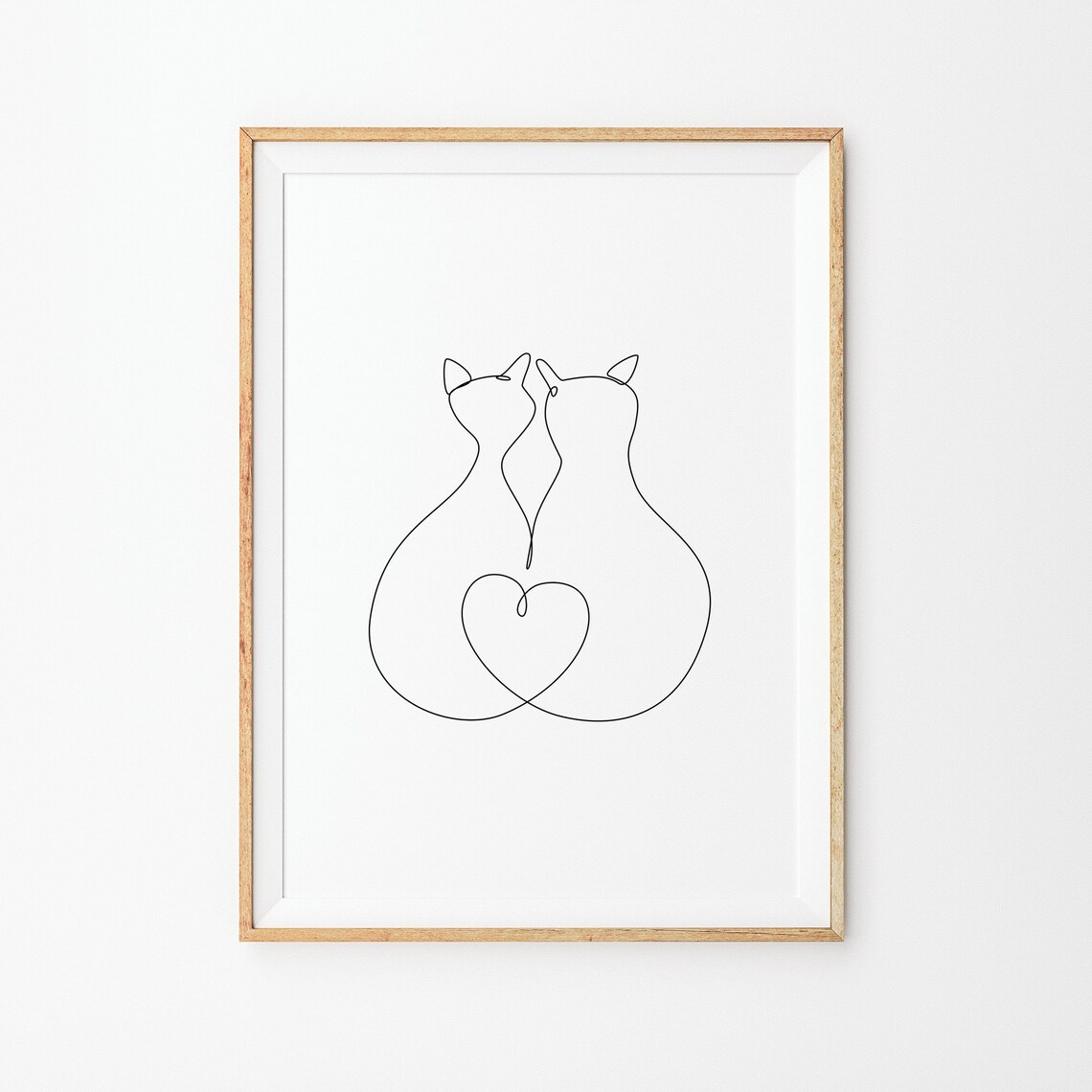 Two Cats Single Continuous Line Drawing Heart Minimalist Poster