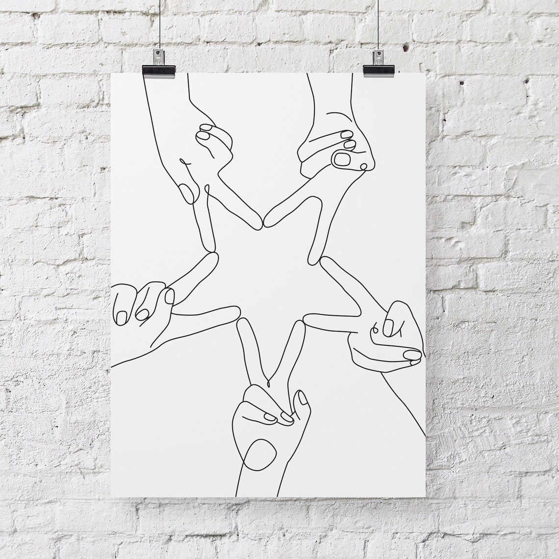 Five Hands Forming Star Shape Line Art Unity Friendship Poster - Image 3