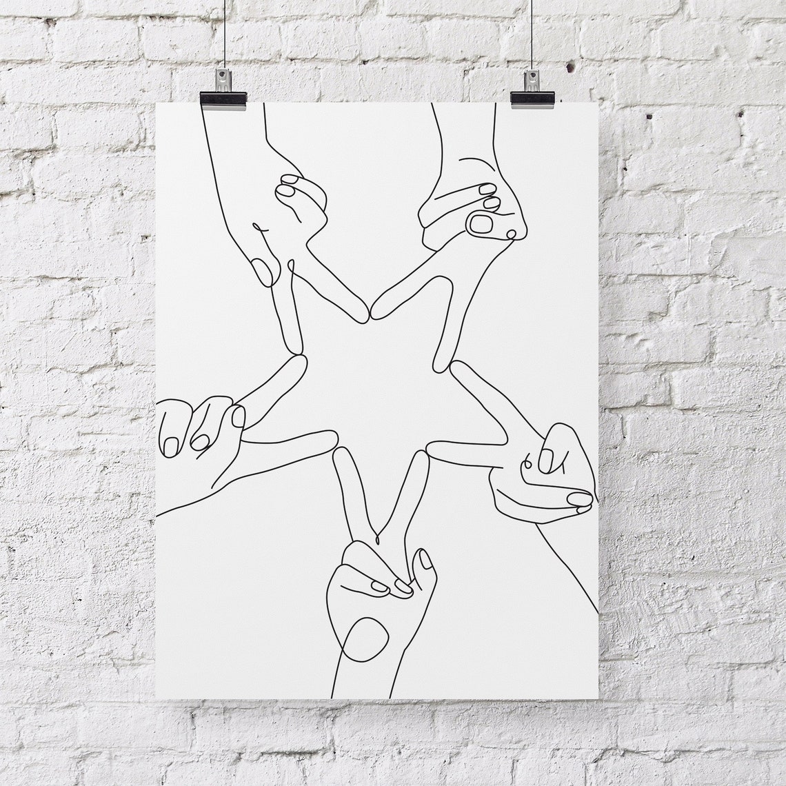 Peace Hand Made Of Star Print Line Art Poster Line Art Peace Hand Poster Black White Art Line Print Sketch Line Drawing - Image 3