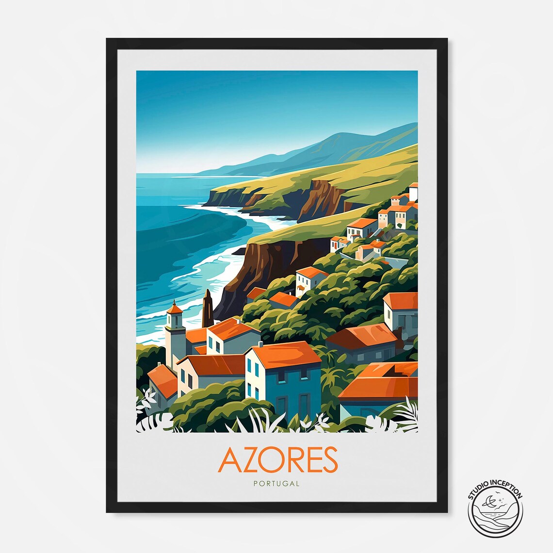 Azores Portugal Dramatic Cliffs Coastal Village Travel Poster