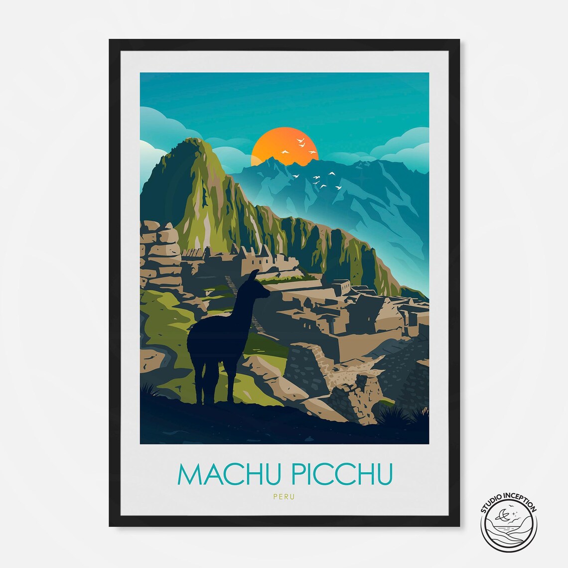 Machu Picchu Peru Travel Poster, Llama Art Print