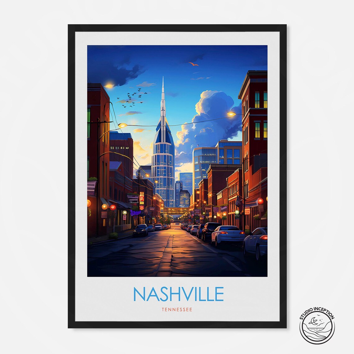 Nashville Tennessee Broadway Skyline Dusk Minimal Travel Poster