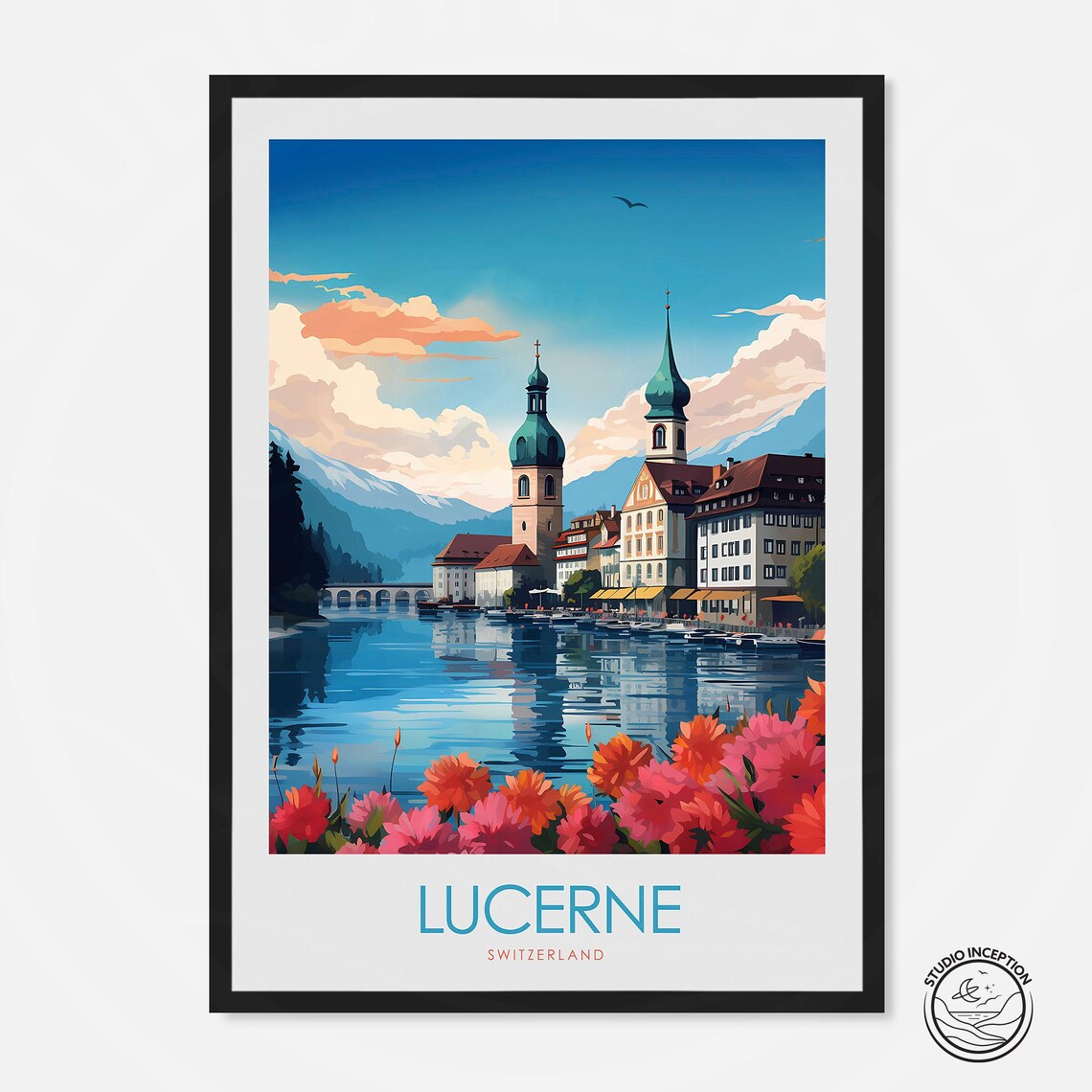 Lucerne Switzerland Old Town Chapel Bridge Lake Flowers Poster