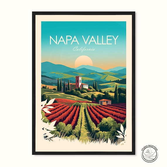 Napa Valley California Vineyard Rows Sunset Vintage Travel Poster