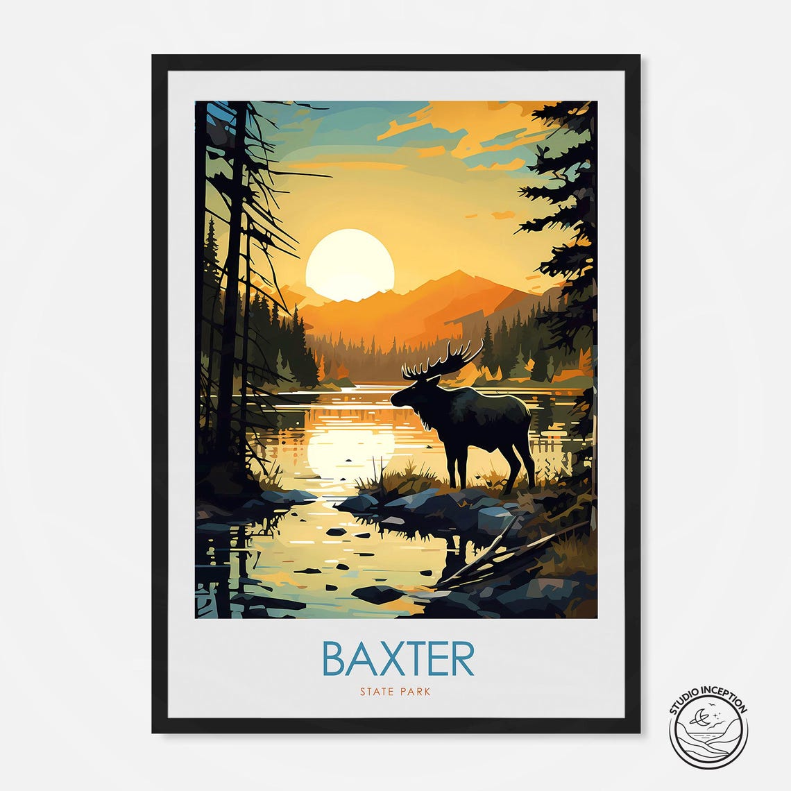 Baxter State Park Maine Moose Lake Sunset Wildlife Travel Poster