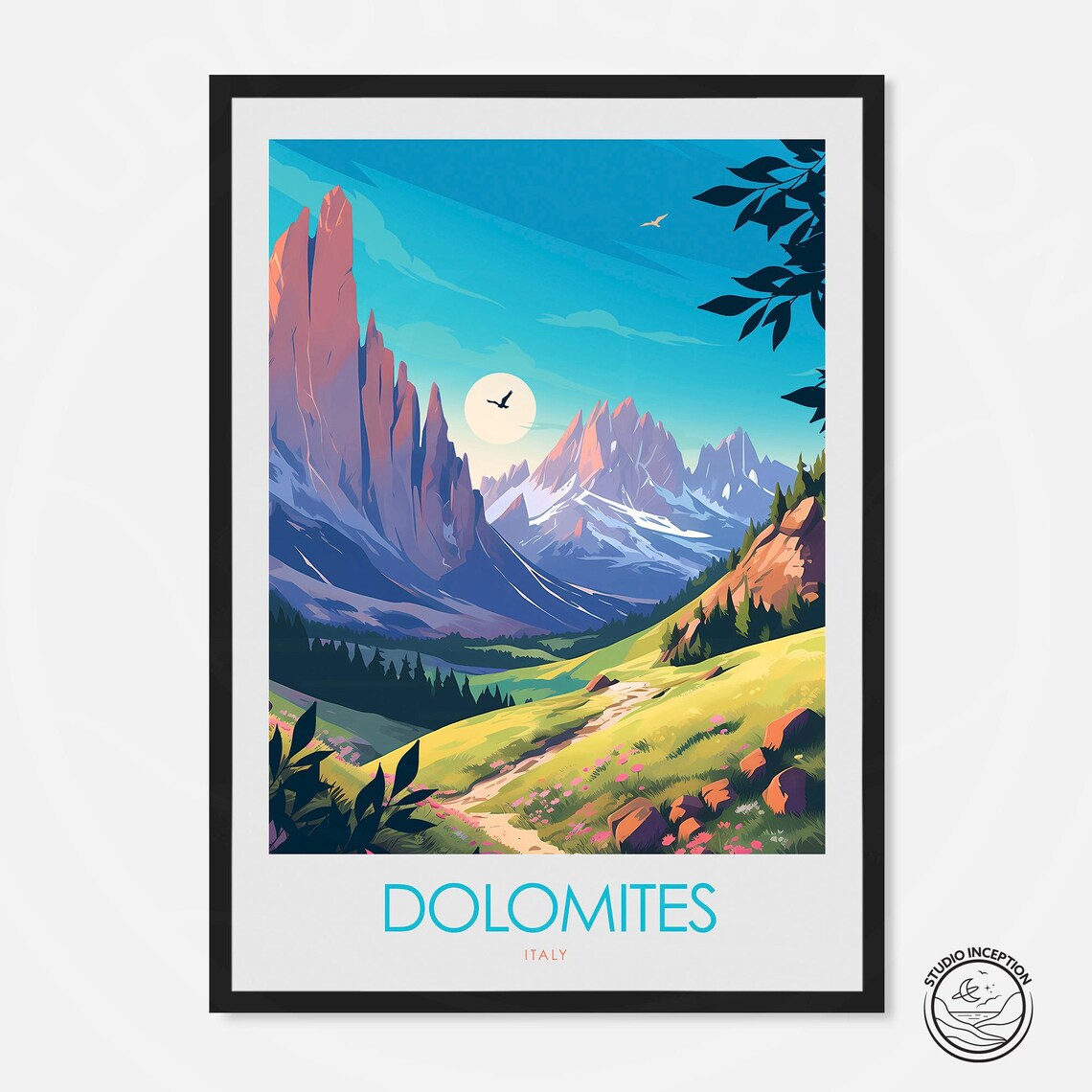 Dolomites Italy Alpine Peaks Meadow Moon Vintage Travel Poster