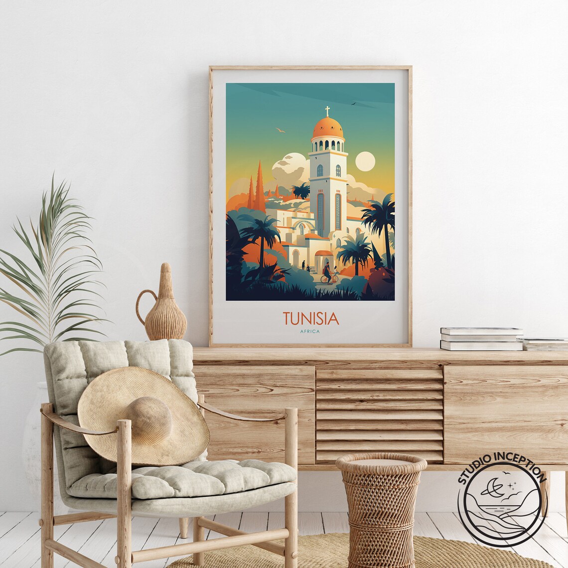 Tunisia Africa Cathedral Bell Tower Palms Vintage Travel Poster - Image 3