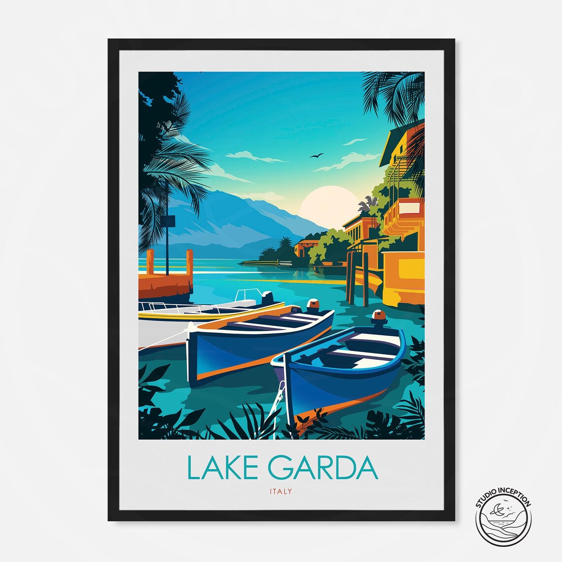Lake Garda Italy Harbor Boats Mountains Vintage Travel Poster