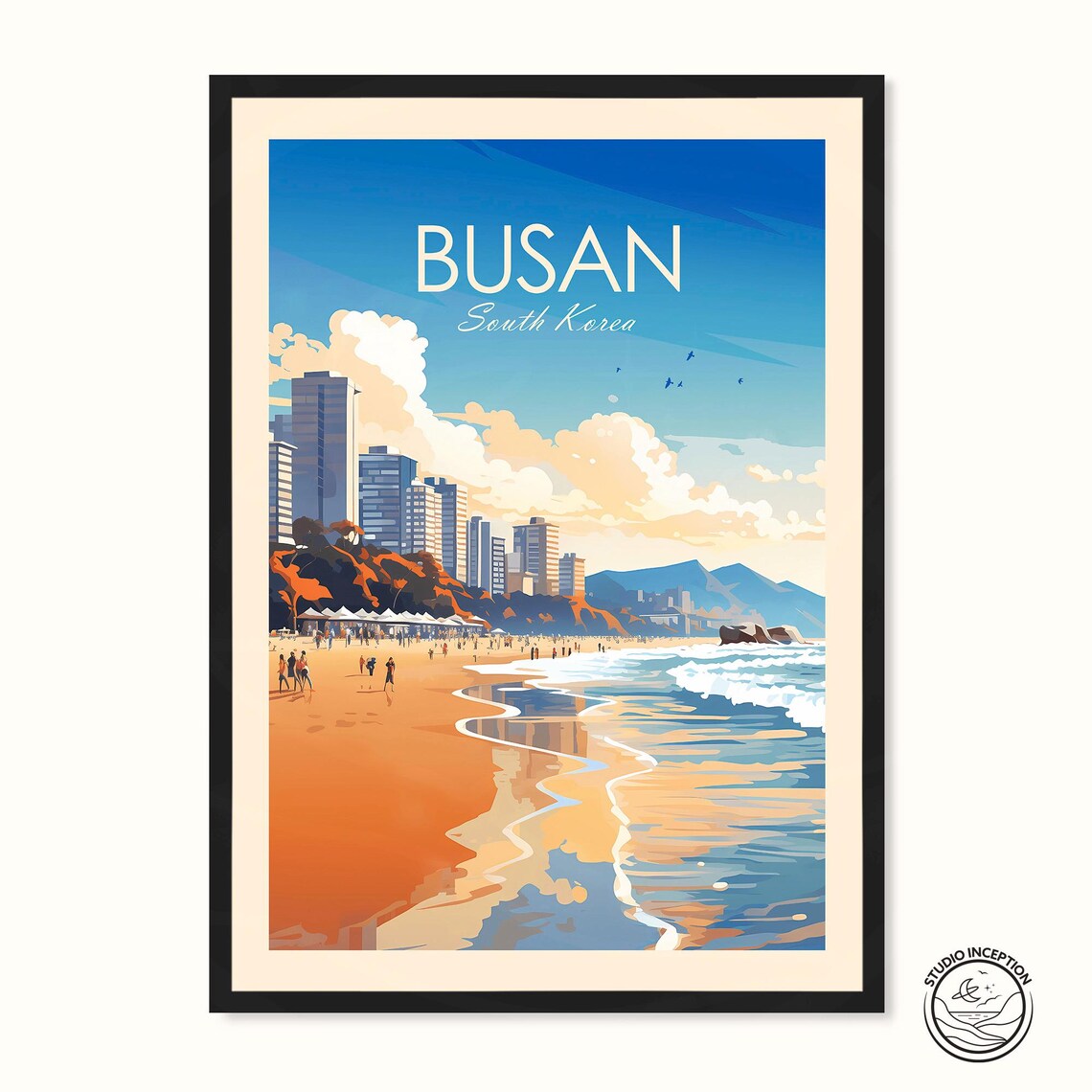 Busan South Korea Haeundae Beach Skyline Ocean Waves Travel Poster