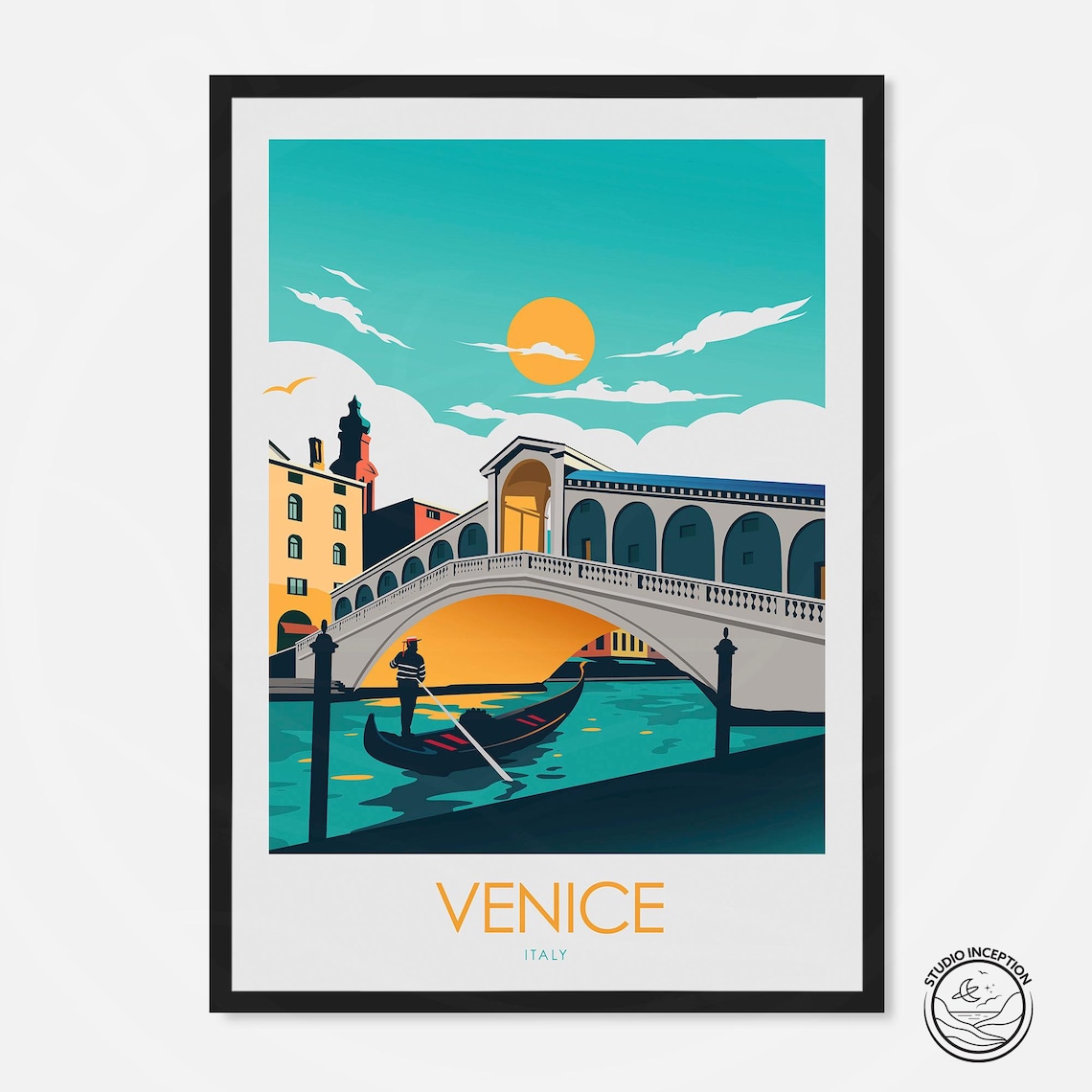 Venice Travel Poster, Gondola and Bridge