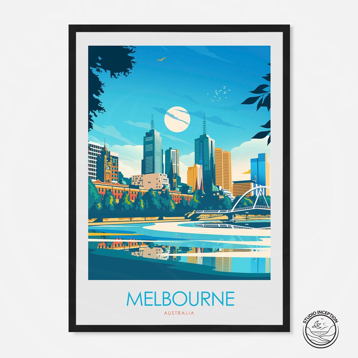 Melbourne Australia City Skyline River Moon Night Travel Poster
