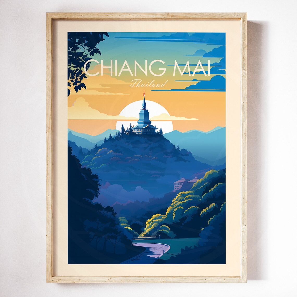 Chiang Mai Thailand Temple Hill Sunset Mountain View Travel Poster - Image 2