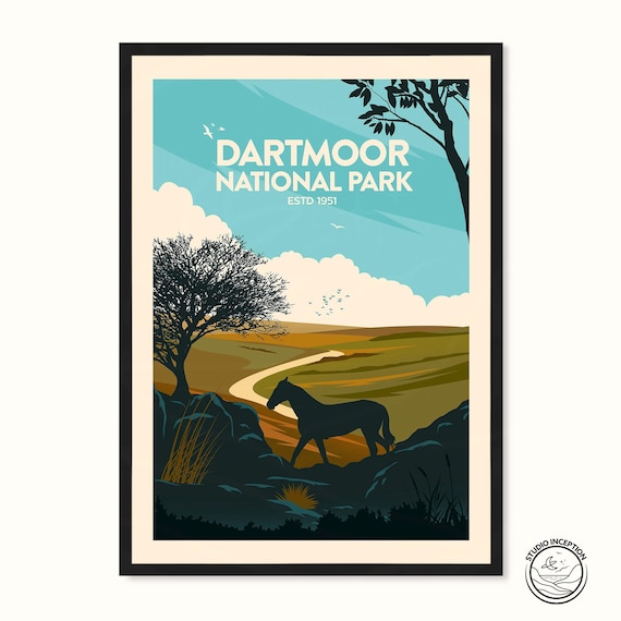 Dartmoor National Park England Moorland Horse Vintage Travel Poster