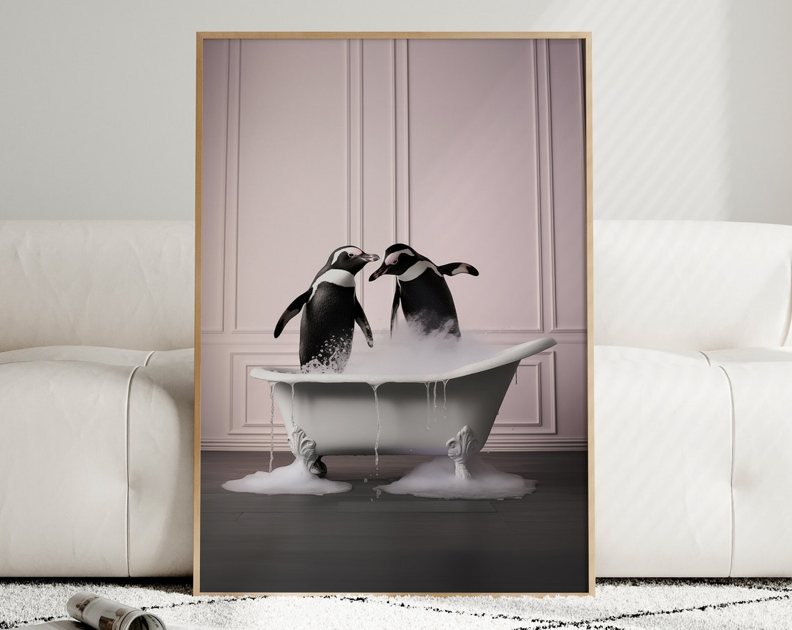 Penguins Splashing In A Clawfoot Bathtub Fun Bathroom Decor Poster