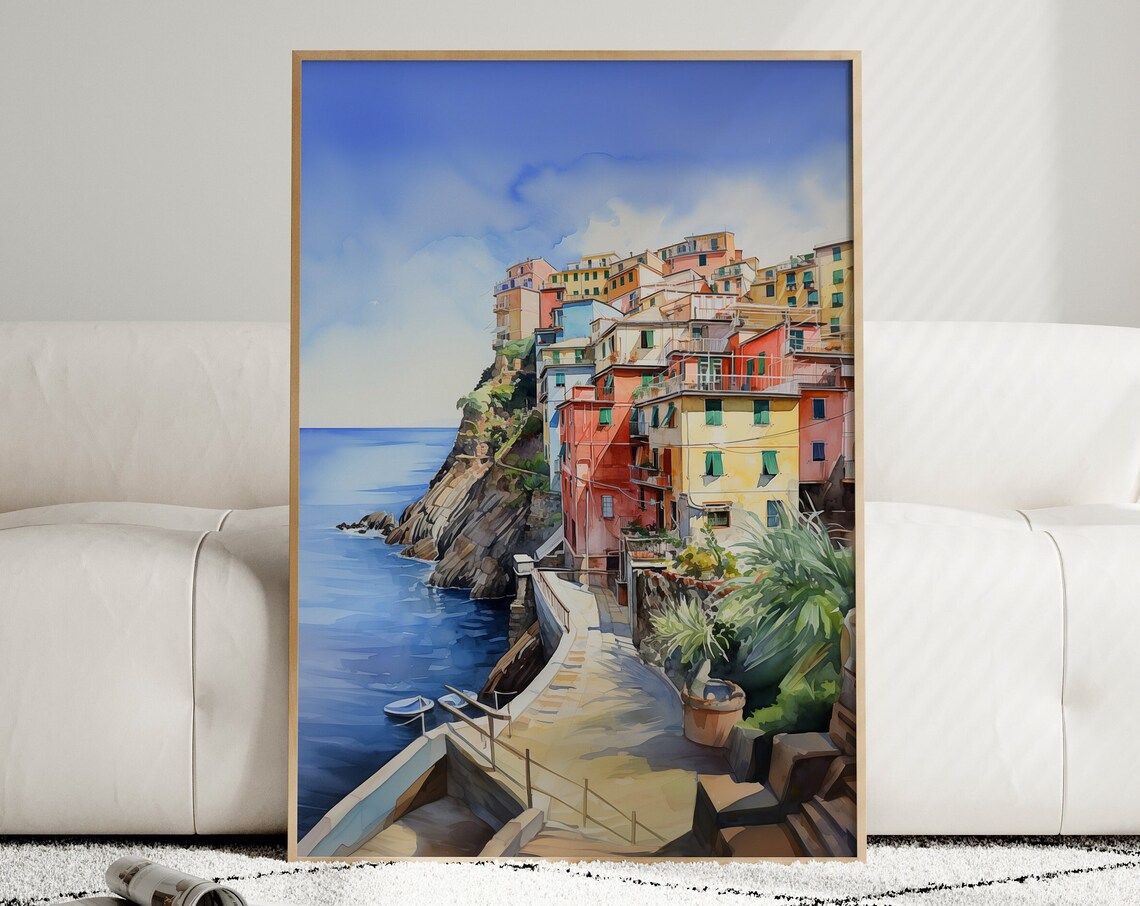 Cinque Terre Italy Watercolor Colorful Cliffside Village Travel Poster