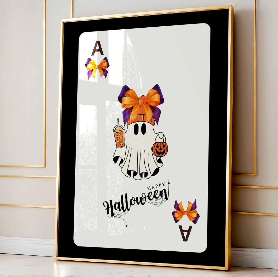 Happy Halloween Cute Ghost Bow Ace Card Trick Or Treat Art Poster - Image 3