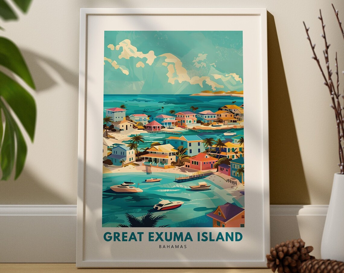 Great Exuma Island Bahamas Coastal Town Vintage Travel Poster