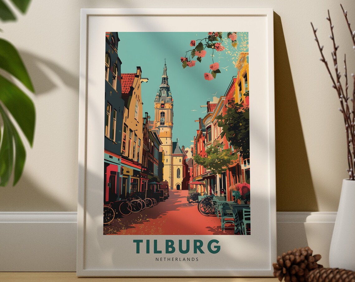 Tilburg Netherlands Church Tower Street Vintage Travel Poster