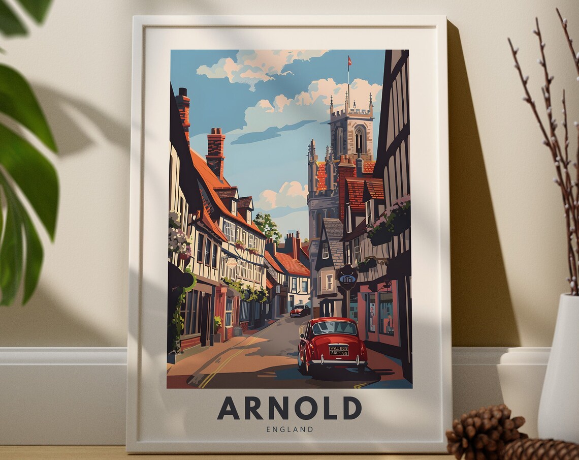 Arnold England Historic Street Church Tower Red Car Travel Poster