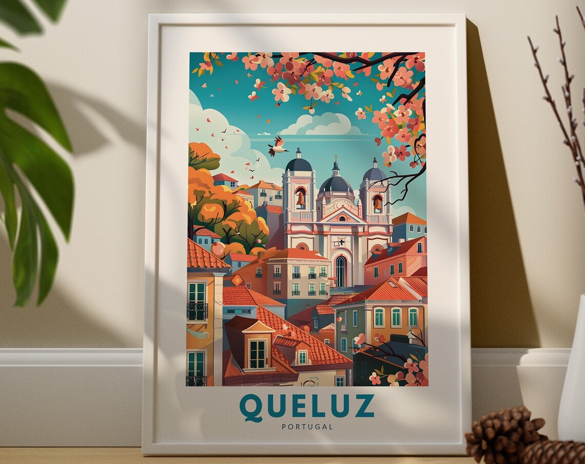 Queluz Portugal Travel Poster Colorful Old Town Church Domes Artwork