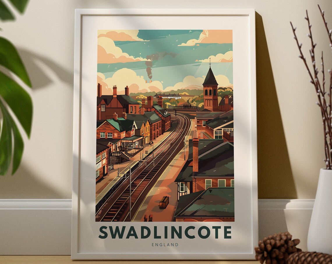 Swadlincote England Vintage Railway Travel Poster Sunset Town Scene