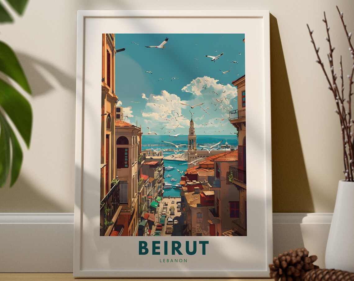 Beirut Lebanon Travel Poster City Street Seagulls Mediterranean Coast