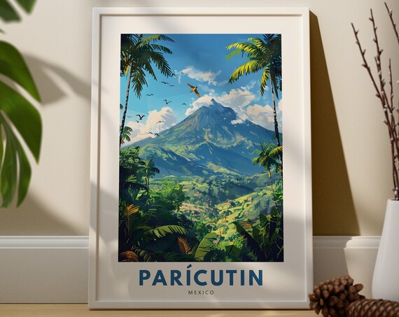Paricutin Mexico Volcano Tropical Palm Trees Vintage Travel Poster