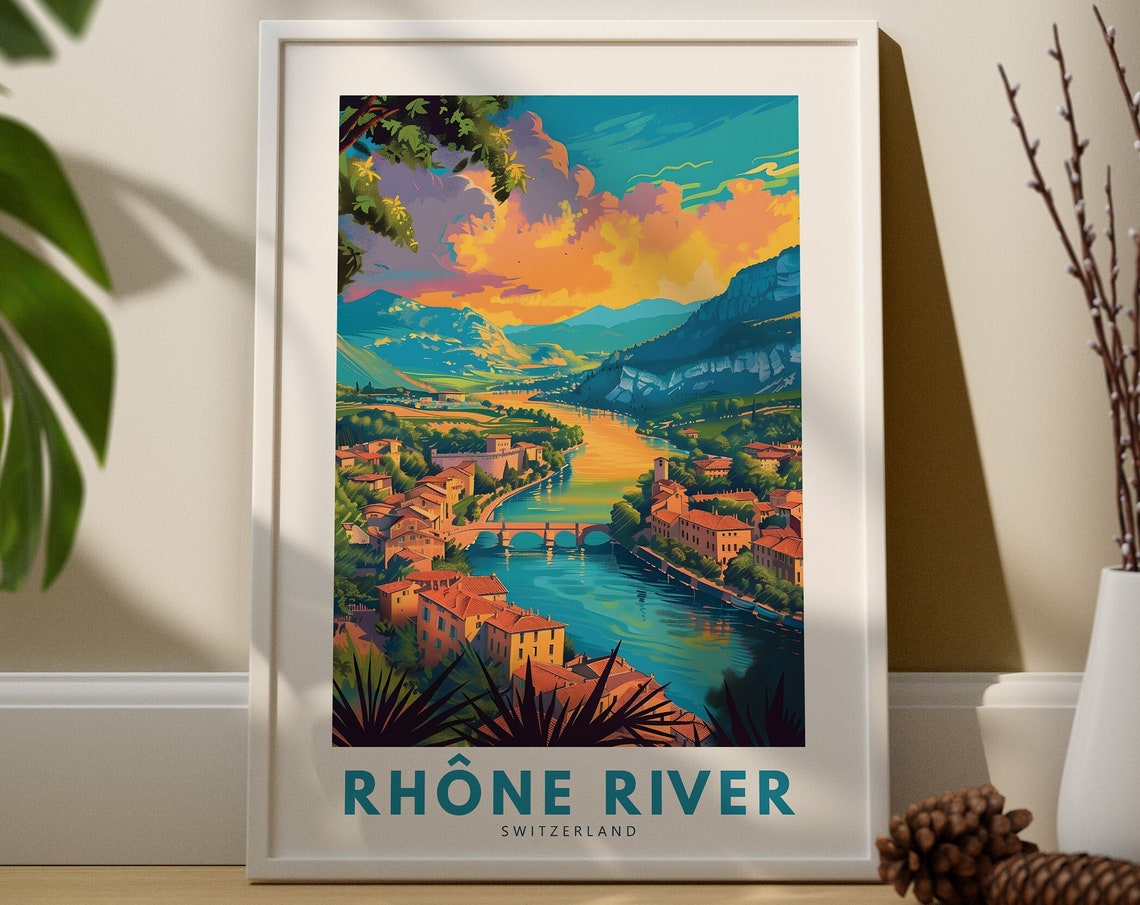 Rhone River Switzerland Colorful Retro Sunset Town Travel Poster