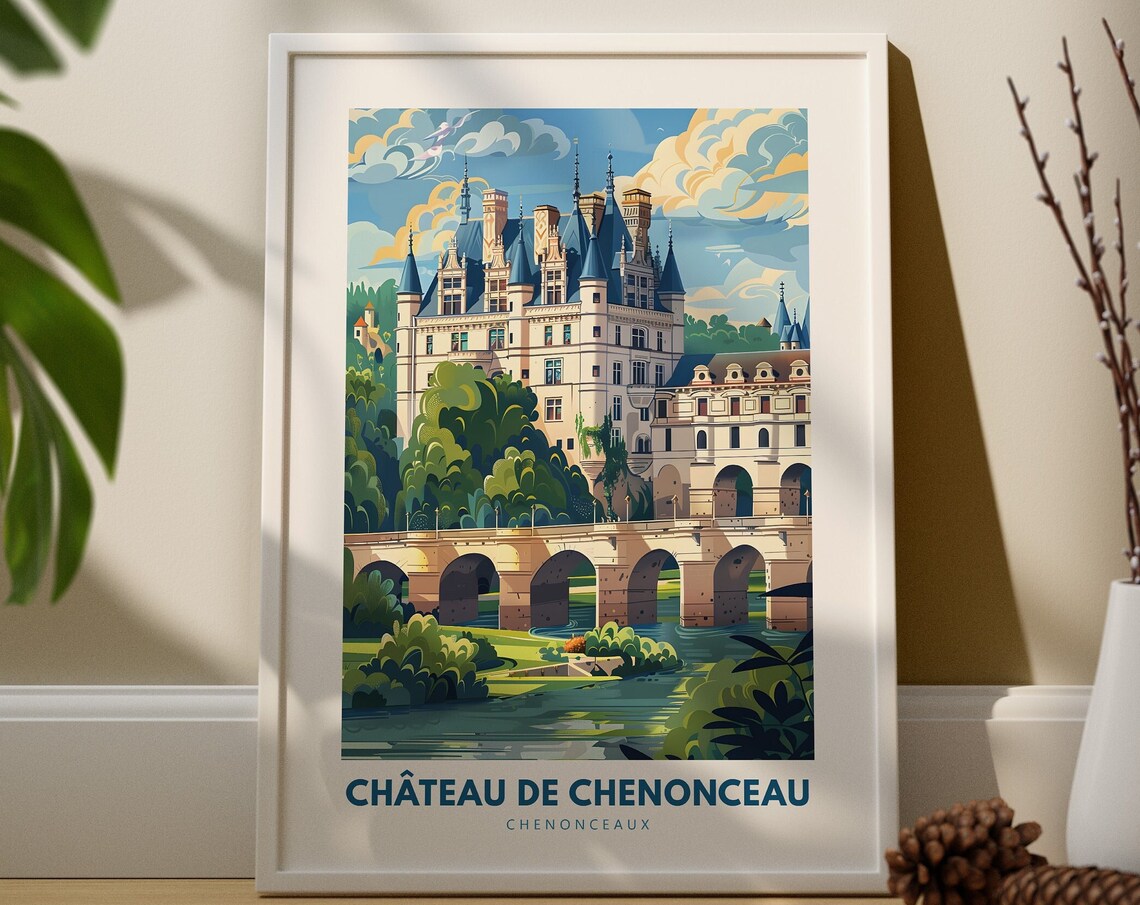 Chateau De Chenonceau France Vintage Travel Poster Castle Scene
