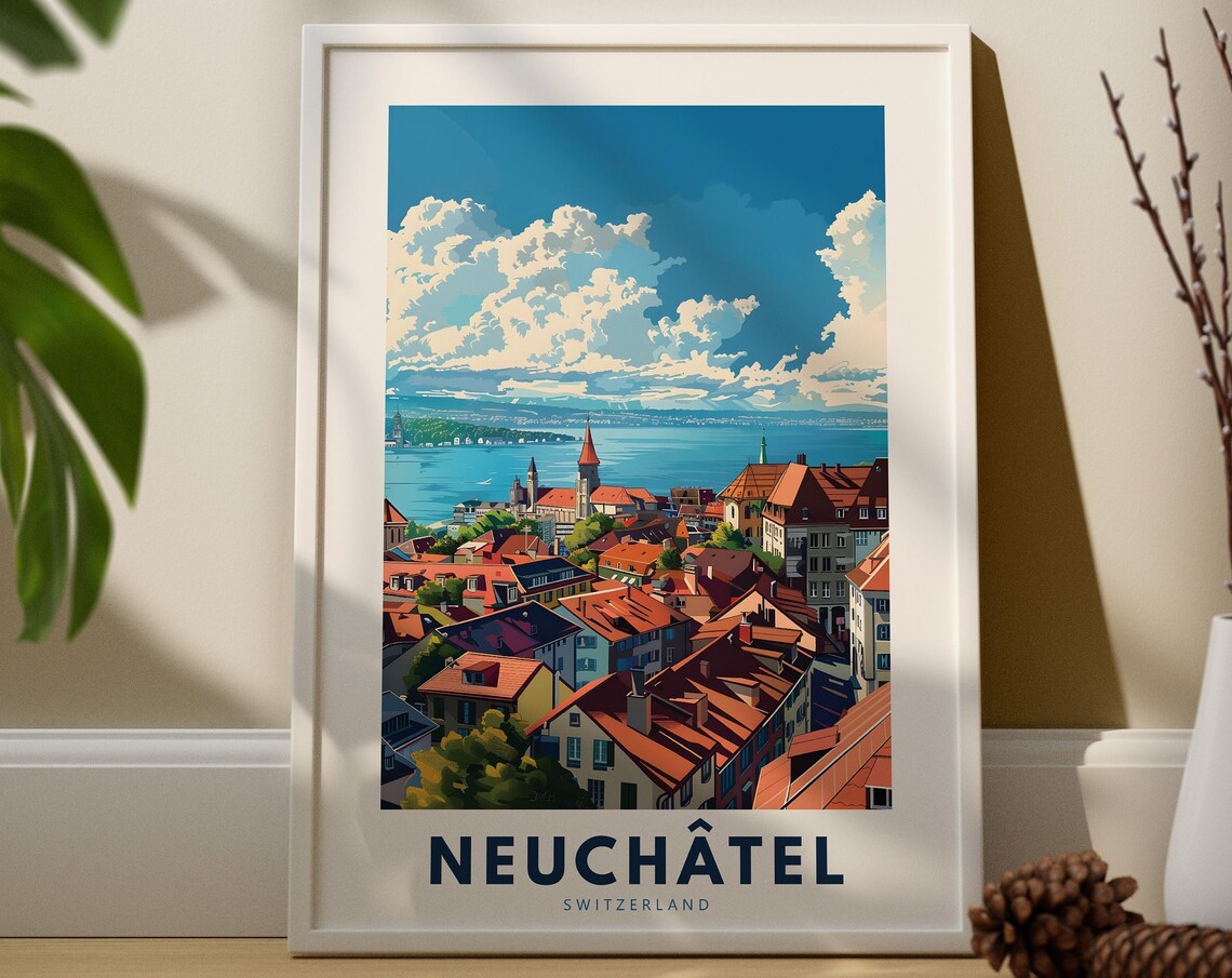 Neuchatel Switzerland Lakeside Old Town Red Roofs Travel Poster