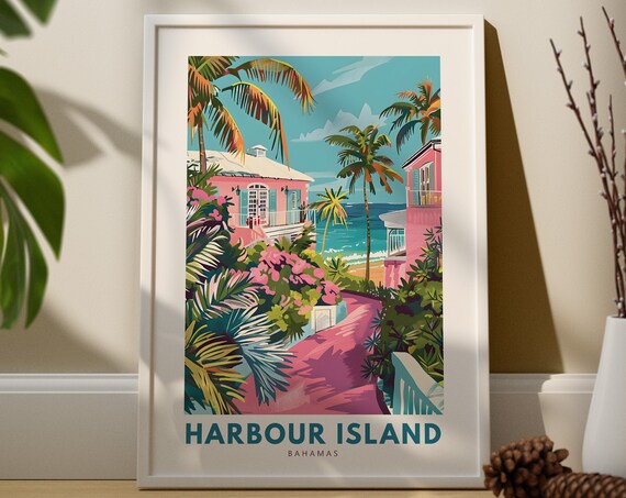 Harbour Island Bahamas Pink Beach Houses Retro Travel Poster