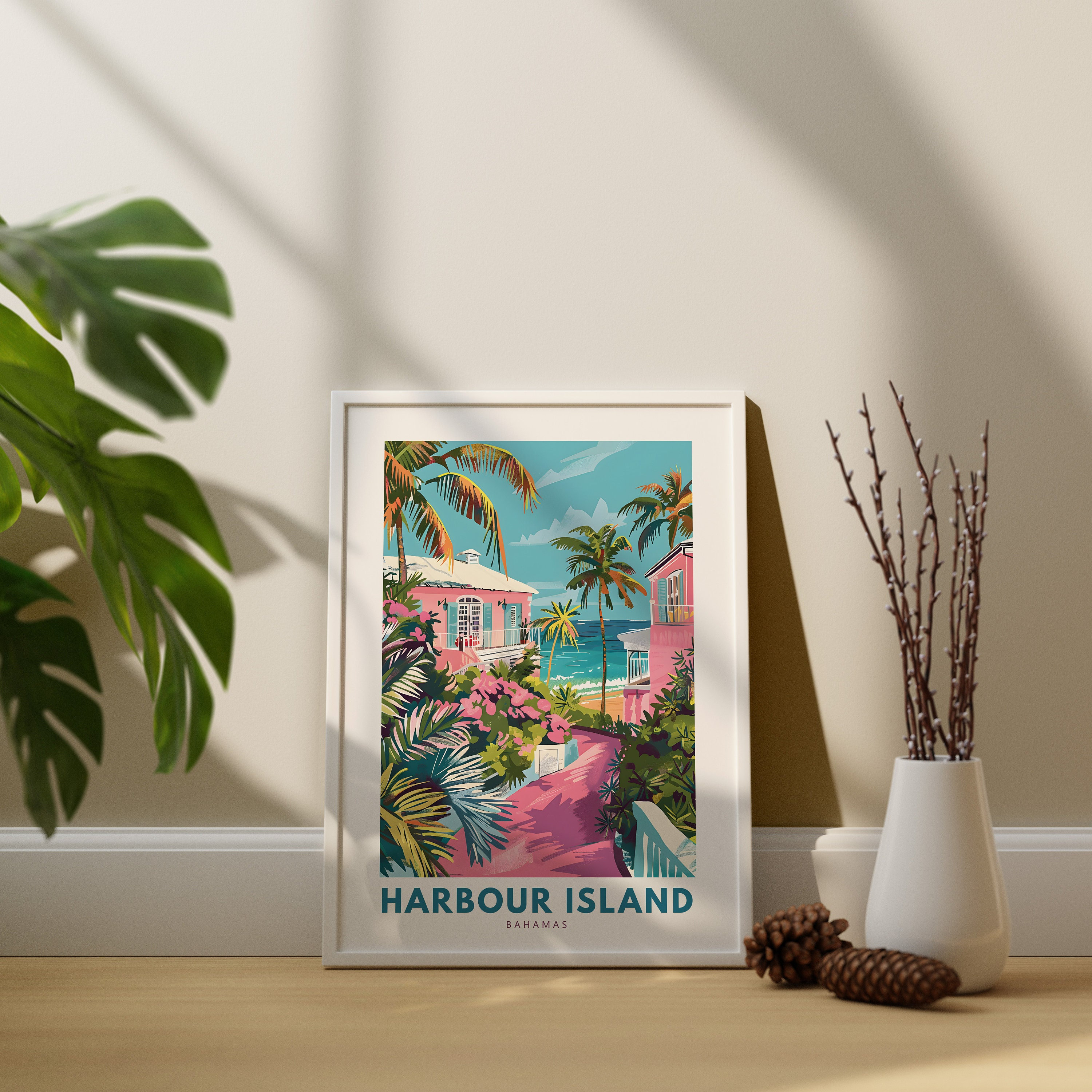 Harbour Island Bahamas Pink Beach Houses Retro Travel Poster