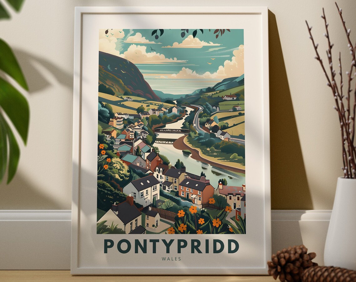 Pontypridd Wales Vintage Travel Illustration Valley Town River Art Poster