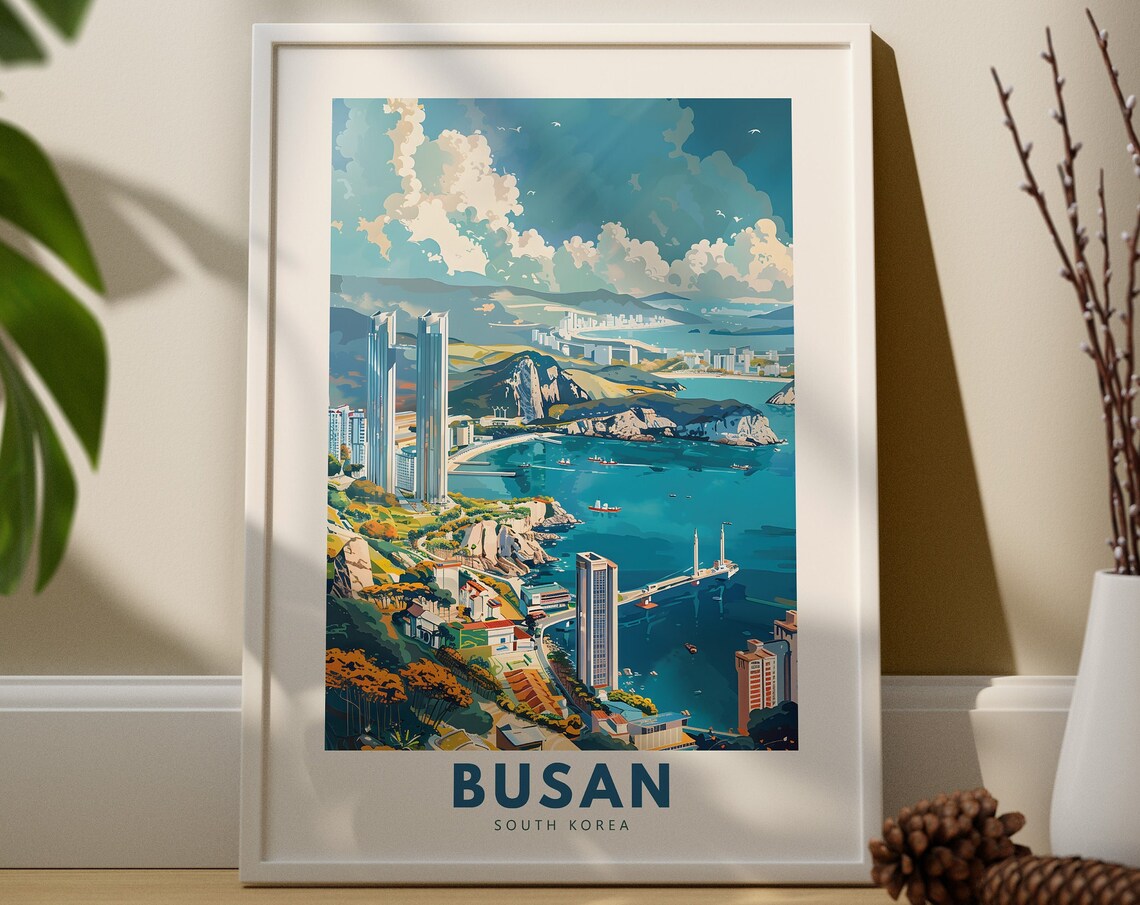 Busan South Korea Coastal City Skyline Vintage Travel Poster