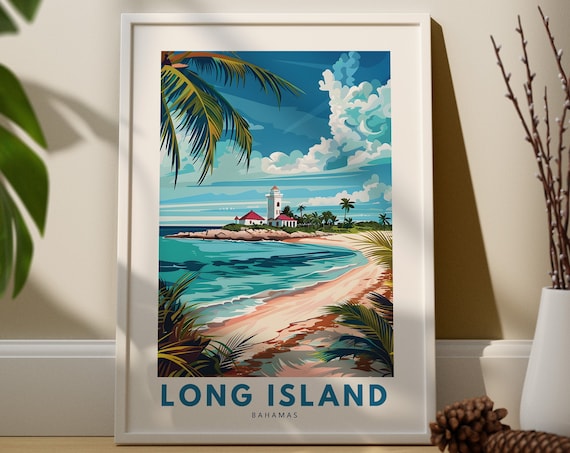 Long Island Bahamas Lighthouse Beach Tropical Travel Art Poster