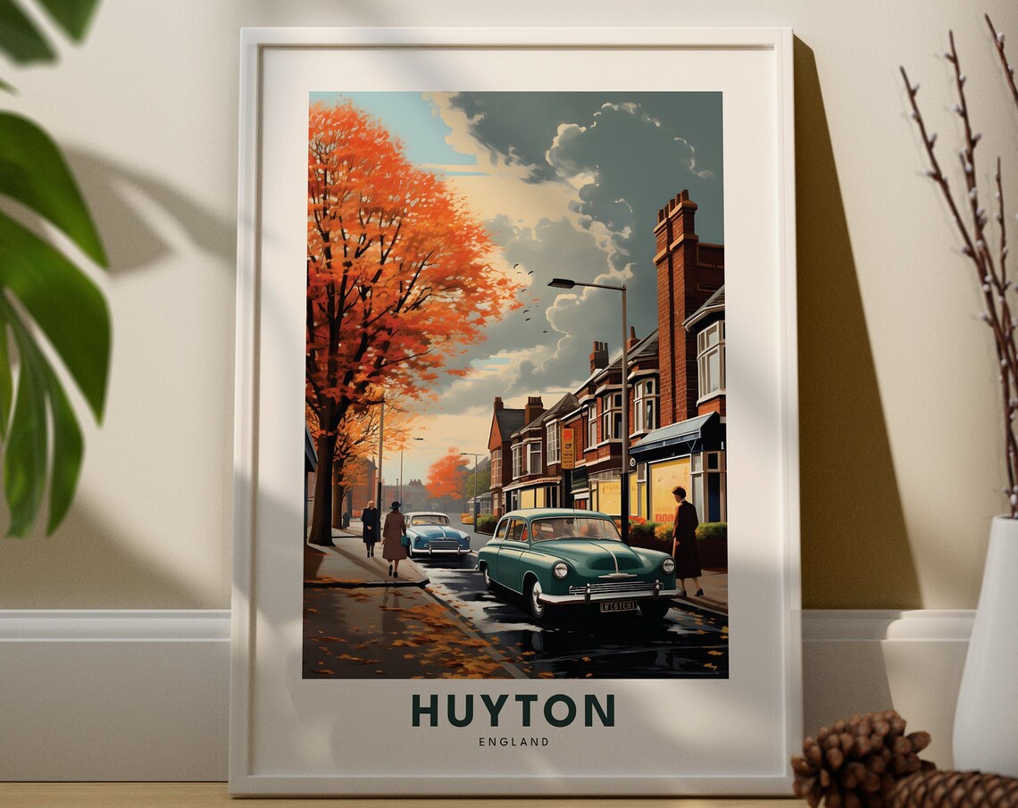 Huyton England Autumn Street Scene Vintage Cars Travel Poster