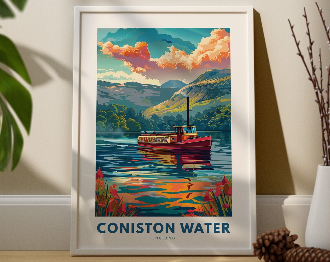 Coniston Water England Steamer Boat Lake Sunset Travel Poster