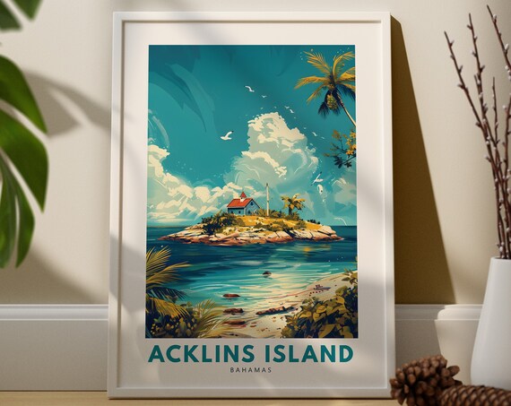 Acklins Island Bahamas Vintage Travel Poster Tropical Island Scene