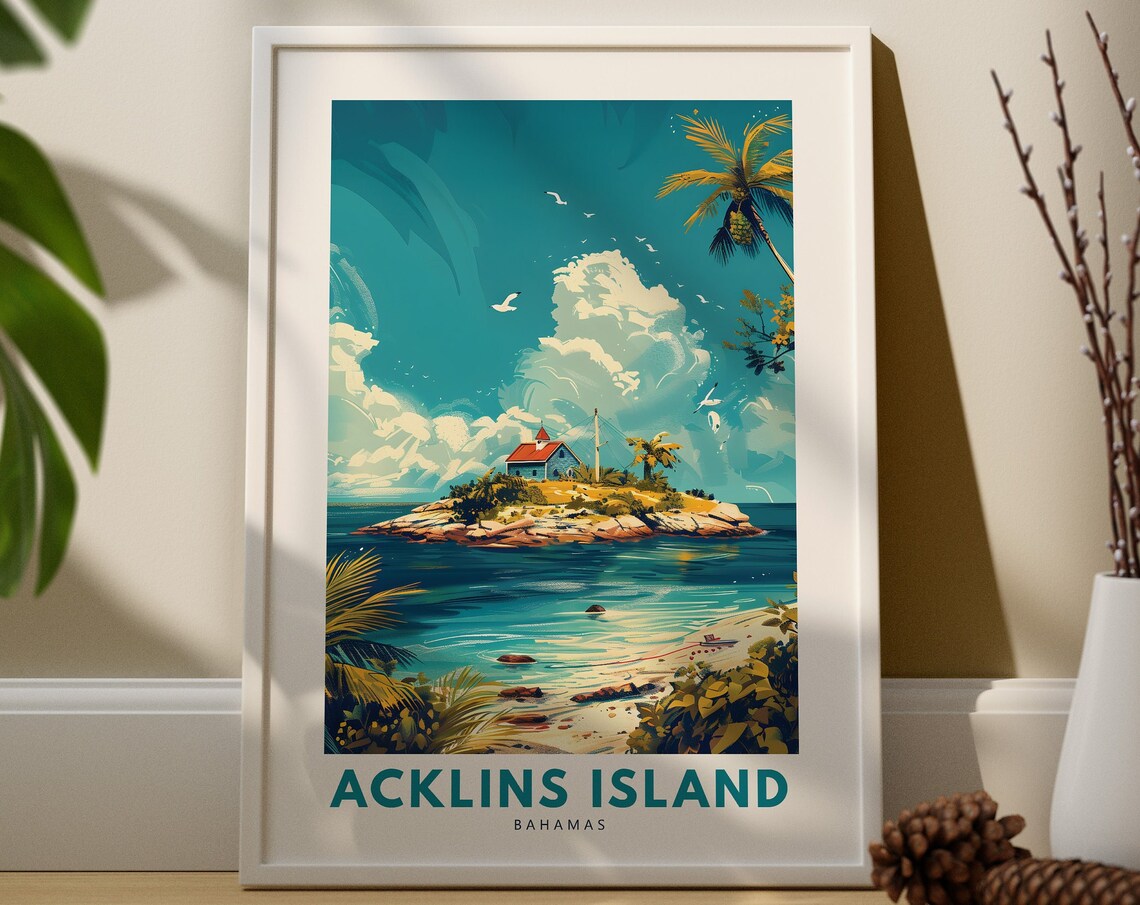 Acklins Island Bahamas Vintage Travel Poster Tropical Island Scene