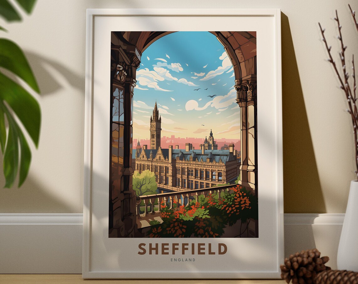 Sheffield England Vintage Travel Poster Clock Tower Skyline Through Stone Arch