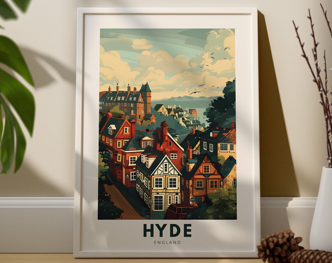 Hyde England Retro Village Rooftops Travel Poster Seaside Cottages