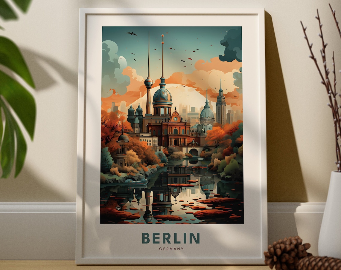 Berlin Germany Vintage Travel Poster TV Tower Cathedral Cityscape