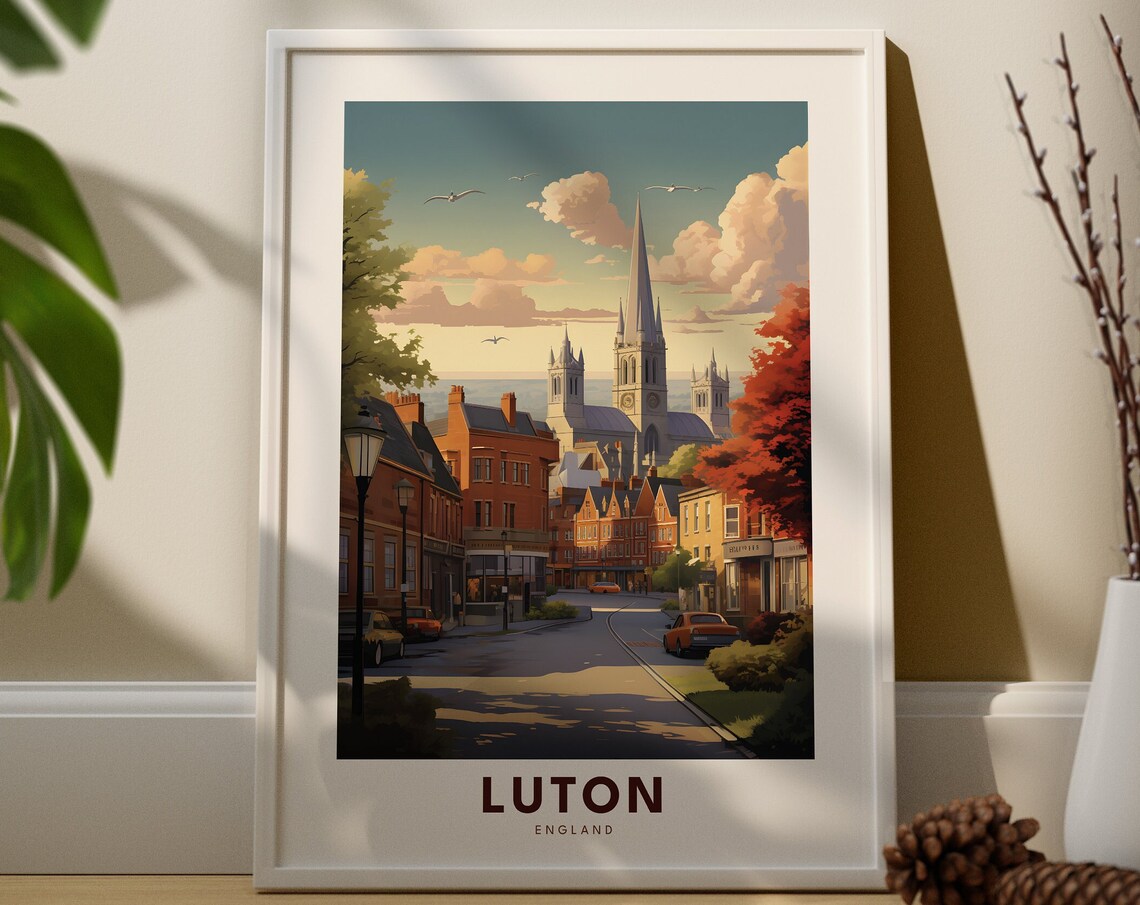 Luton England Vintage Travel Style Town Street Church Spire Poster