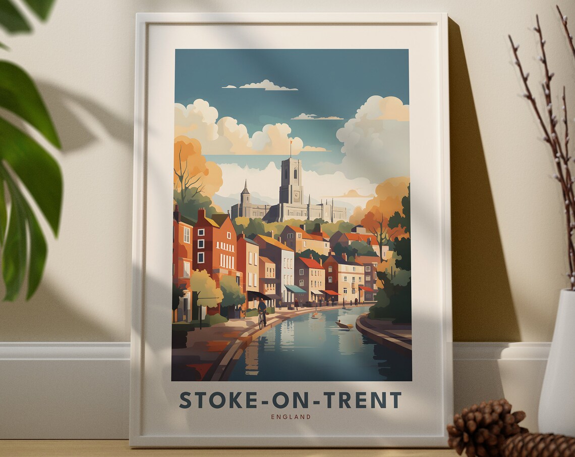 Stoke-On-Trent England Canal Cityscape Vintage Travel Poster