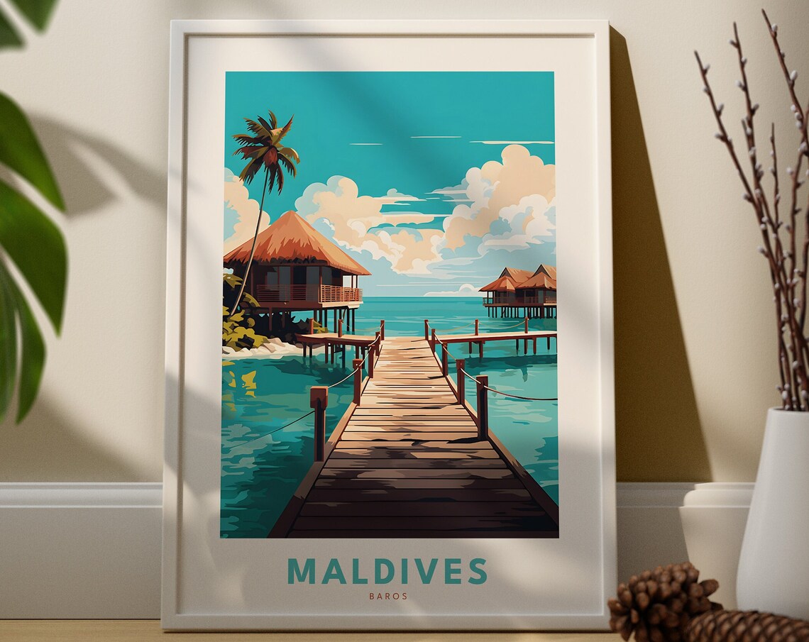 Maldives Baros Overwater Bungalows Travel Poster Tropical Lagoon Getaway
